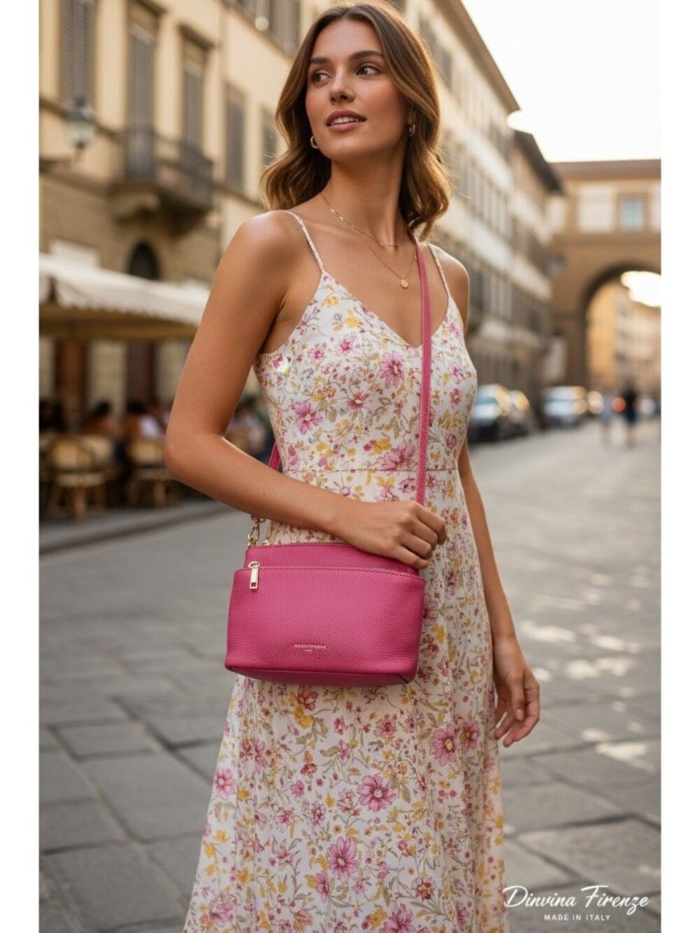 Divina Firenze Pink Leather Crossbody Bag w/3 different Straps & Gold Hardware